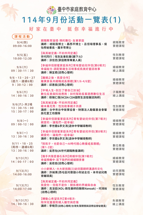 臺中市家庭教育中心114年9月份活動一覽表(1)